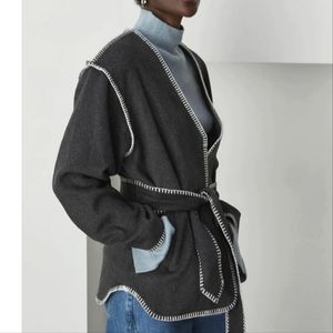 New Crescent Wool Blend Belted Kendra Jacket sz S charcoal white detail